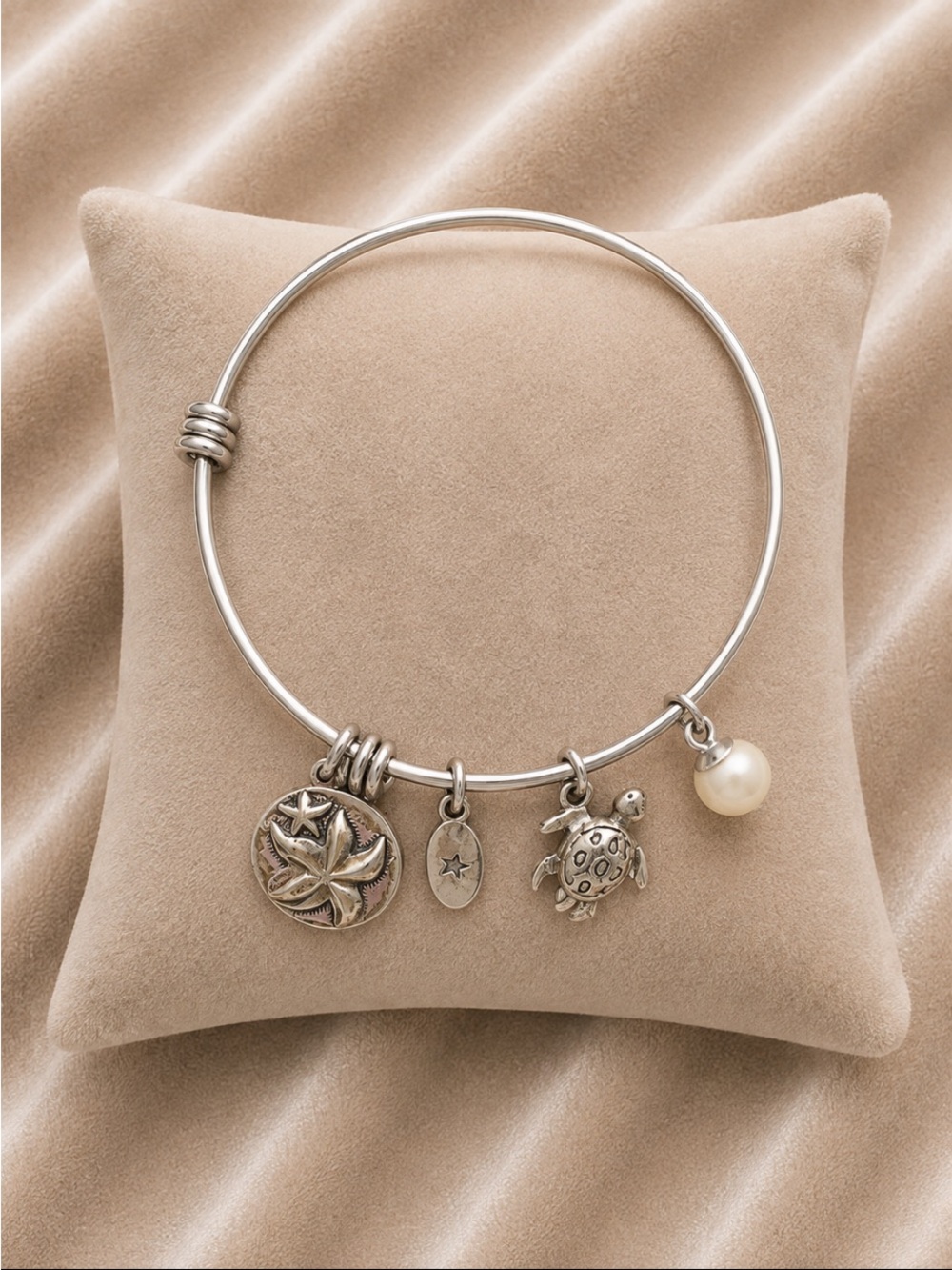 UNWRITTEN Silver Turtle & Beach Charm Bangle with Pearl Accent